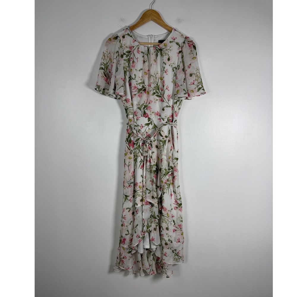 Cottagecore JH Women 8 Midi Dress Wht Pink Floral Flutter Sleeve High Low Ruffle